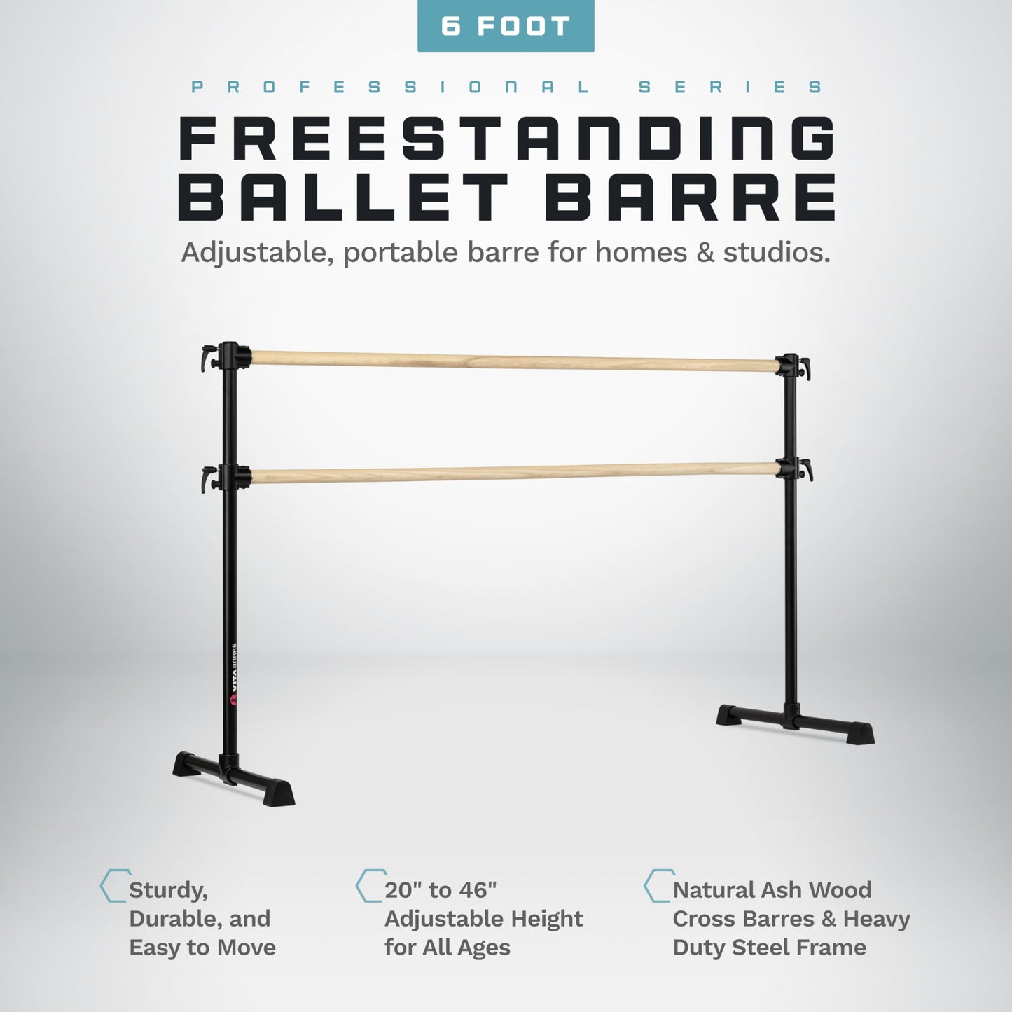 VITA Barre Portable Freestanding Double Ballet Barre, Professional, 6 Ft Bars, Black, Wood | Adjustable Height, Made in USA, Home or Gym Exercise Equipment for Kids & Adults | Dance, Fitness, Pilates