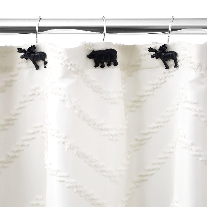 Bear & Deer Shower Curtain Hooks：12 Pcs Black Rustic Cabin & Christmas Reindeer Decorative Hooks Rustproof Stainless Steel Rings - Farmhouse Lodge Western & Woodland-Themed Bathroom Home