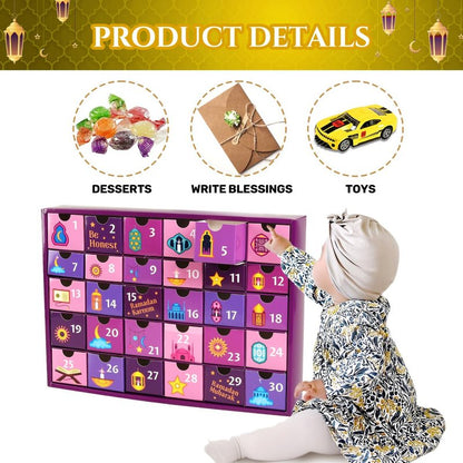 MOVINPE Ramdan Calendar with Drawers 2026 Ramadan Gifts for Kids, 30 Pre-Assembled Empty Boxes Eid Mubarak Coutdown Calendar Fillable Islamic Art Gift Box, Ramadan Party Supplies (Purple)