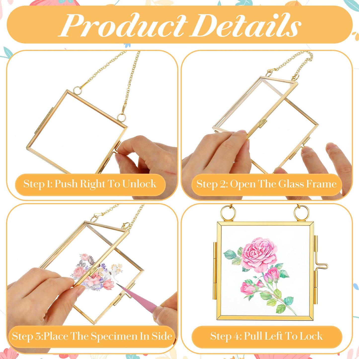 6 Pcs Mini Double Glass Pressed Flower Photo Frame Craft with Chain, 2.36" and 3.14" Small Square Glass Flower Frame for Christmas Handicraft Home Decor Gallery Artwork