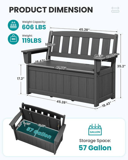 SERWALL HDPE Outdoor Storage Bench, All-Weather, UV-Resistant Deck Box with Waterproof Storage Bags, 57 Gallon Dual-Use Seat & Organizer Deck Boxes for Patio, Garden Tools & Pool (Gray)
