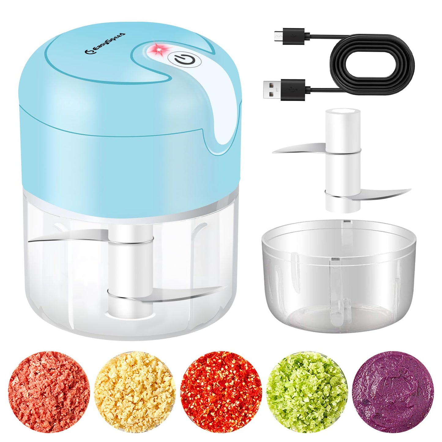 EASYSPEED Electric Garlic Chopper 1Cup, Mini USB Charging Wireless Food Processor with 304 Stainless Steel, 2 Sharp Blades, Portable Kitchen Meat Grinder for Onion, Garlic, Ginger, Baby Food