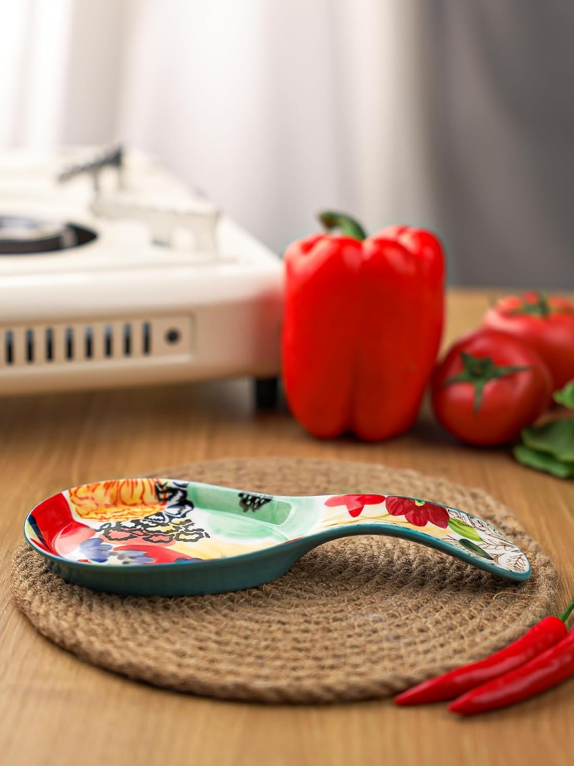 Colorful Hand Painted Spoon Rest, Ceramic Large Spoon Holder for Kitchen Counter, Dishwasher Safe, Multicolor (1 Pack)
