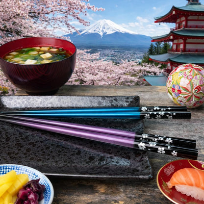 Premium Japanese Chopsticks Reusable 2prs Set [ Made in Japan ] Traditional Lacquer Art Wooden Chopsticks C (Cherry Blossom BL/PU(2KR018))