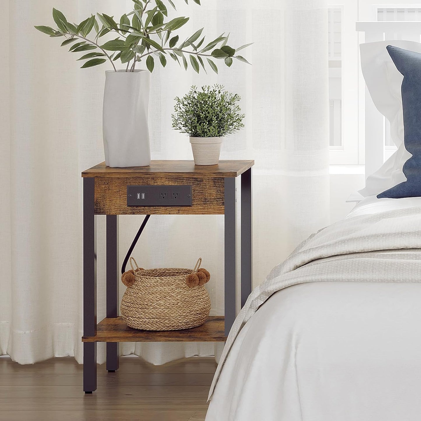 MMEOLUOOK 2-Tier MLBZ14RE End Table with Charging Station, Nightstand with Storage Shelf,Modern Side Table,Bedside