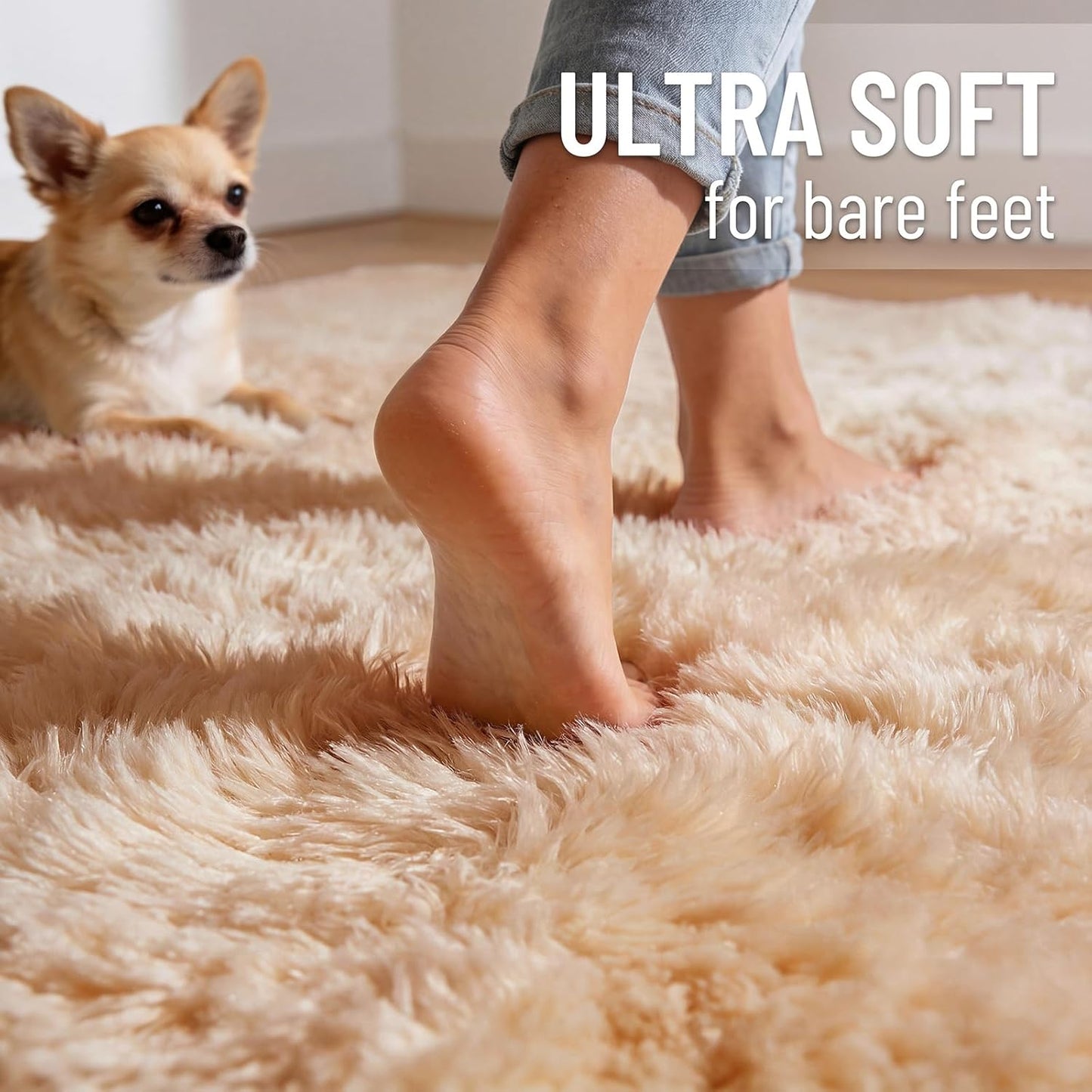 OLANLY 5x5 Area Rug - Soft, Fluffy Shaggy Design for Living Room & Bedroom | Machine Washable, Beige
