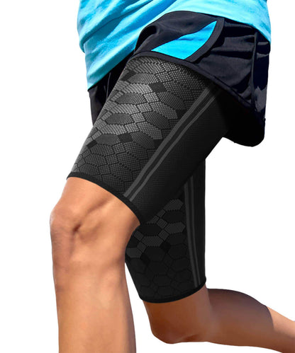 Sparthos Thigh Compression Sleeves (Pair) – Upper Leg Sleeves for Men and Women Support for Improved Blood Circulation Quad and Hamstring Recovery Sports Running Tennis Workout Basketball (Black-S)