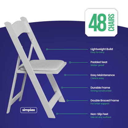 48 White Resin Folding Chairs, Stackable Event & Party Chairs, 800 LB Weight Capacity, Indoor Outdoor