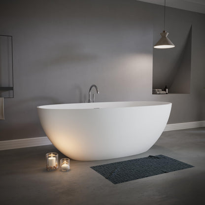 GDFStudio 65" Freestanding Solid Surface Bathtub, Handcrafted Stone Resin Soaking Tub with Overflow and Pop-up Drain, Matte White Luxury Bathtub, Ergonomic Design, 57.6-Gallon Capacity