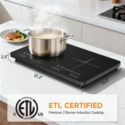 AMZCHEF Portable-Induction-Cooktop-2-Burner-ETL-Certified: 18 Power & 20 Temperature Levels Induction Burners 1800W, Independent Control,10-hour Timer, Safety Lock, Low Noise Electric Cooktops