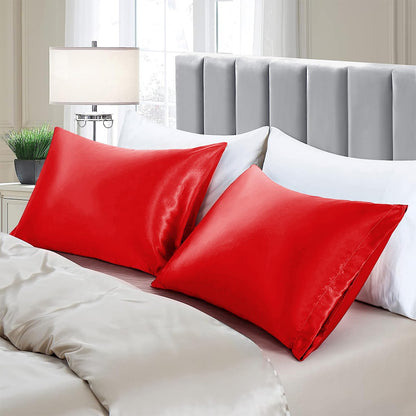 Aormenzy Satin Pillow Cases for Women Standard Size Set of 2, Red Satin Pillowcase for Hair with Envelope Closure Silky Pillow Covers Wrinkle, Fade Resistant (20x26 Inches)