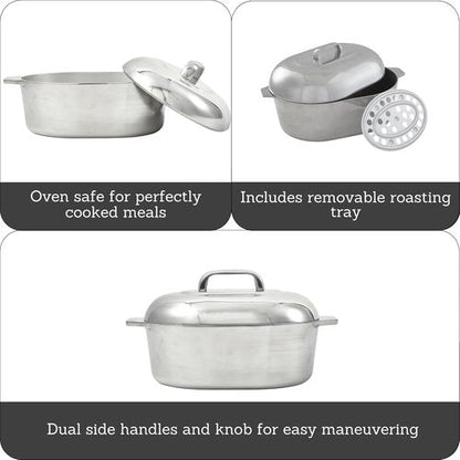 IMUSA USA Heavy Duty Cajun Oval Aluminum Roaster - 15-Inch Size | Durable Silver Finish
