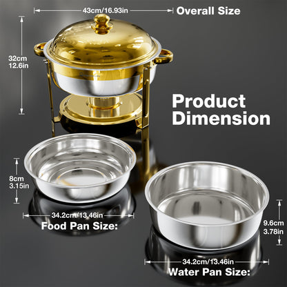 WARMOUNTS 6.5QT Gold Chafing Dishes for Buffet 6 Pack, Stainless Steel Round Chafers and Buffet Warmers Sets with Lid Holder, Rolled Rim Process, Stackable Design, for Catering, Parties, Weddings