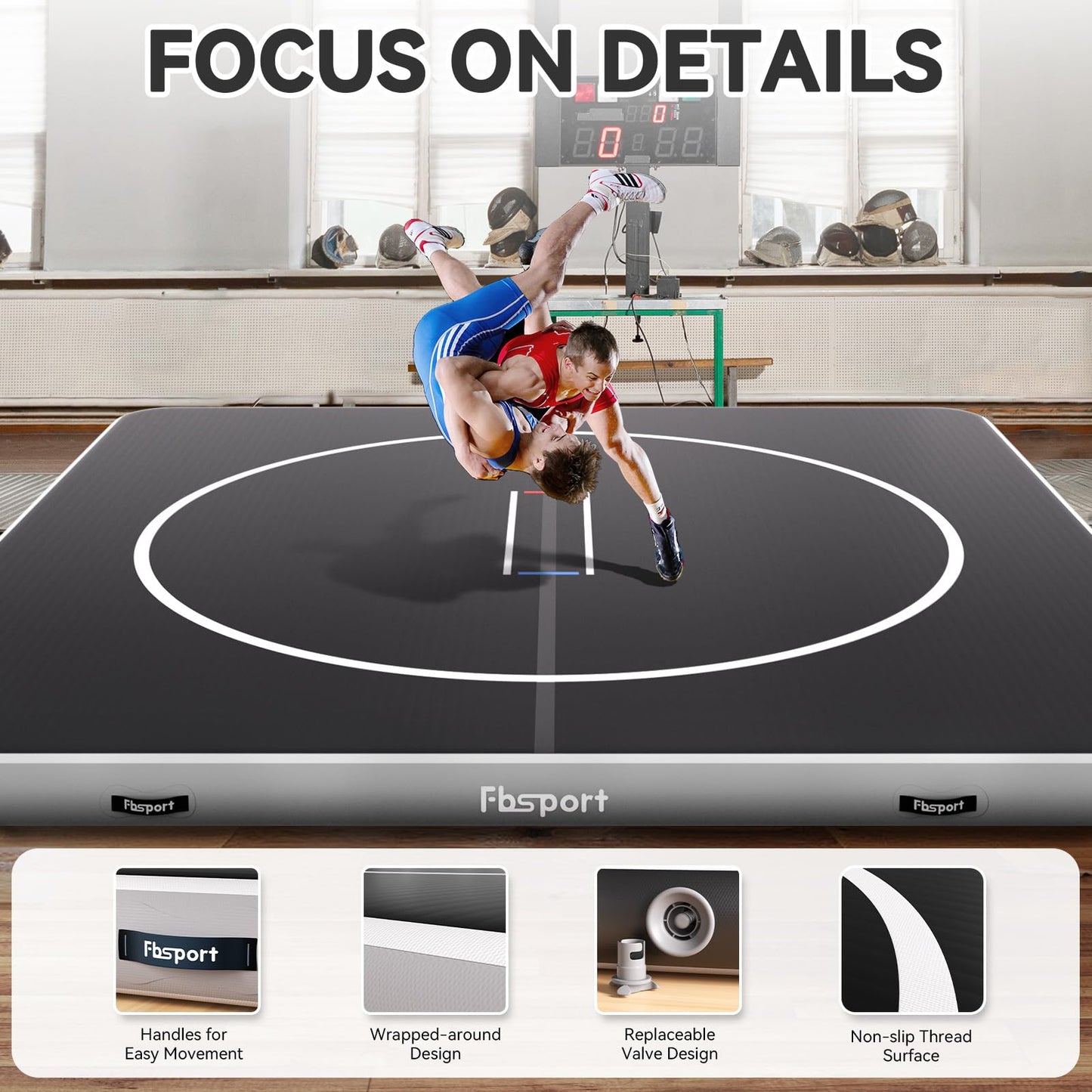 FBSPORT Inflatable Wrestling Mat 13ft /10ft /5ft, Outdoor and Indoor PVC Jiu Jitsu Mats, Gymnastics Training Mat Foldable for BJJ, MMA, Martial Art, Boxing, Grappling and Judo