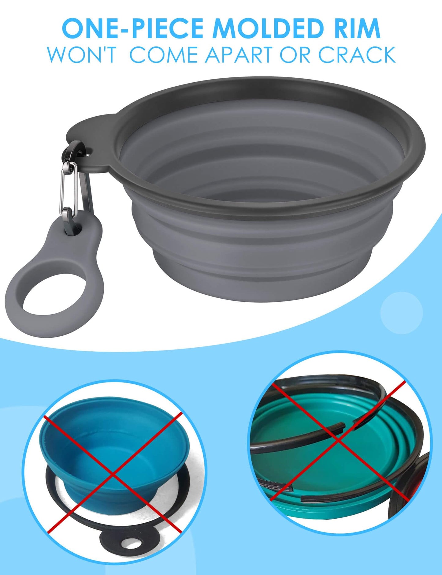 Aonkey Collapsible Dog Bowls with Bottle Carrier, 2 Pack Travel Dog Water Bowl Upgraded Carabiner, One-Piece Molded Rim No Fall Off or Crack, Foldable Silicone Portable for Pets Walking Hiking 15oz