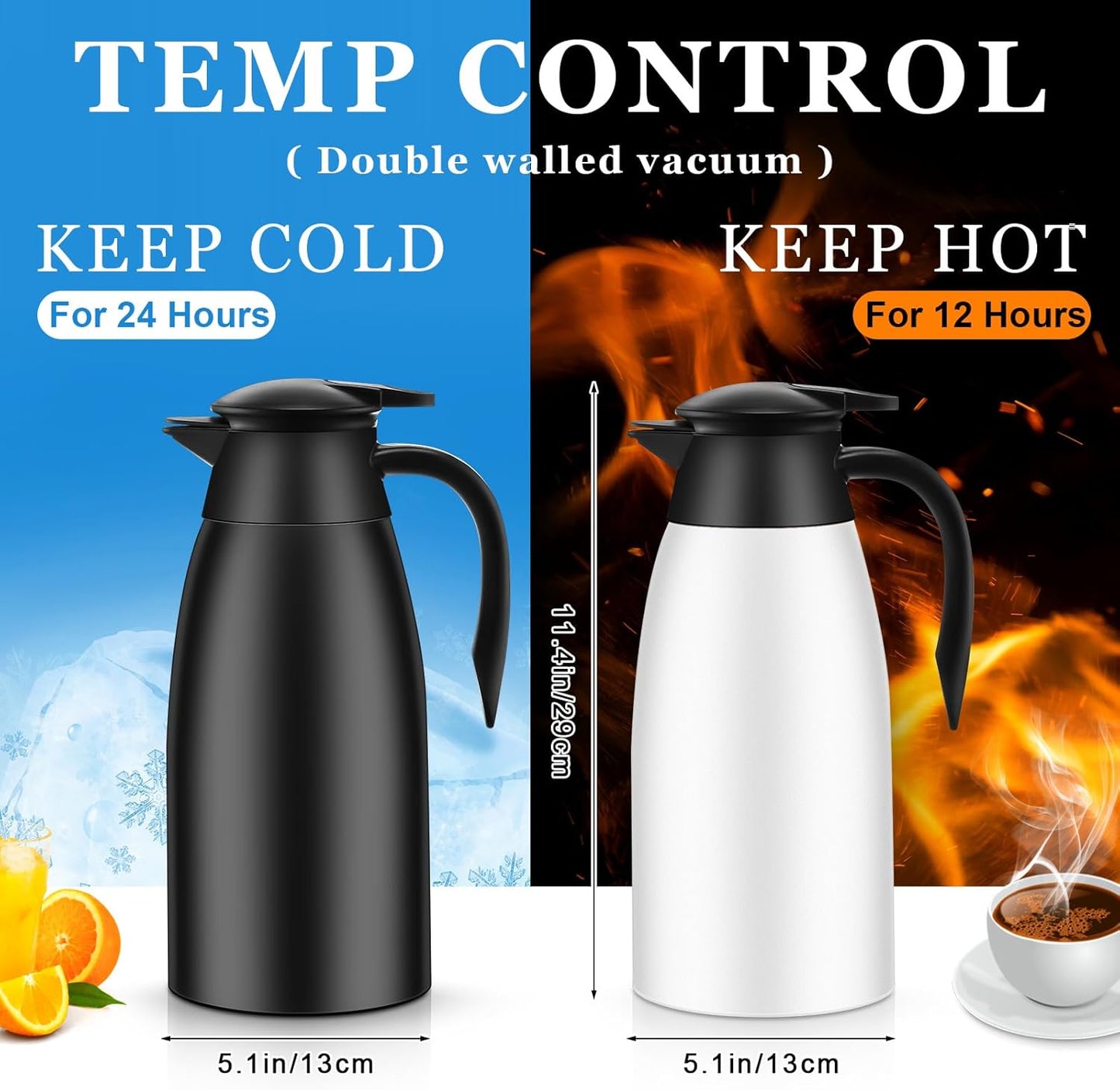 Norme 2 Pcs 68 oz Insulated Stainless Steel Thermal Coffee Carafe for Hot Liquids, Black and White