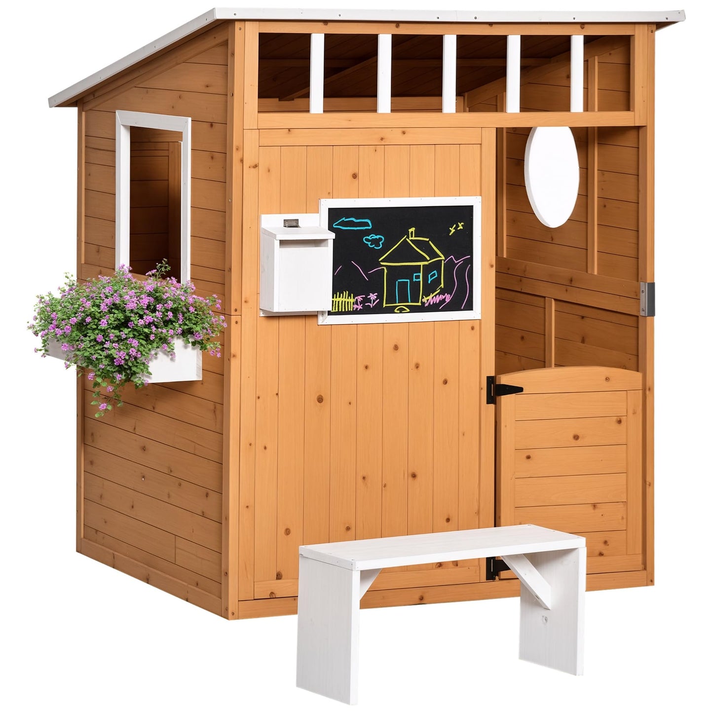 Outsunny Wooden Playhouse for Kids Outdoor with Working Door, Windows, Mailbox, Bench, Flowers Pot Holder, 48" x 42.5" x 53", Yellow