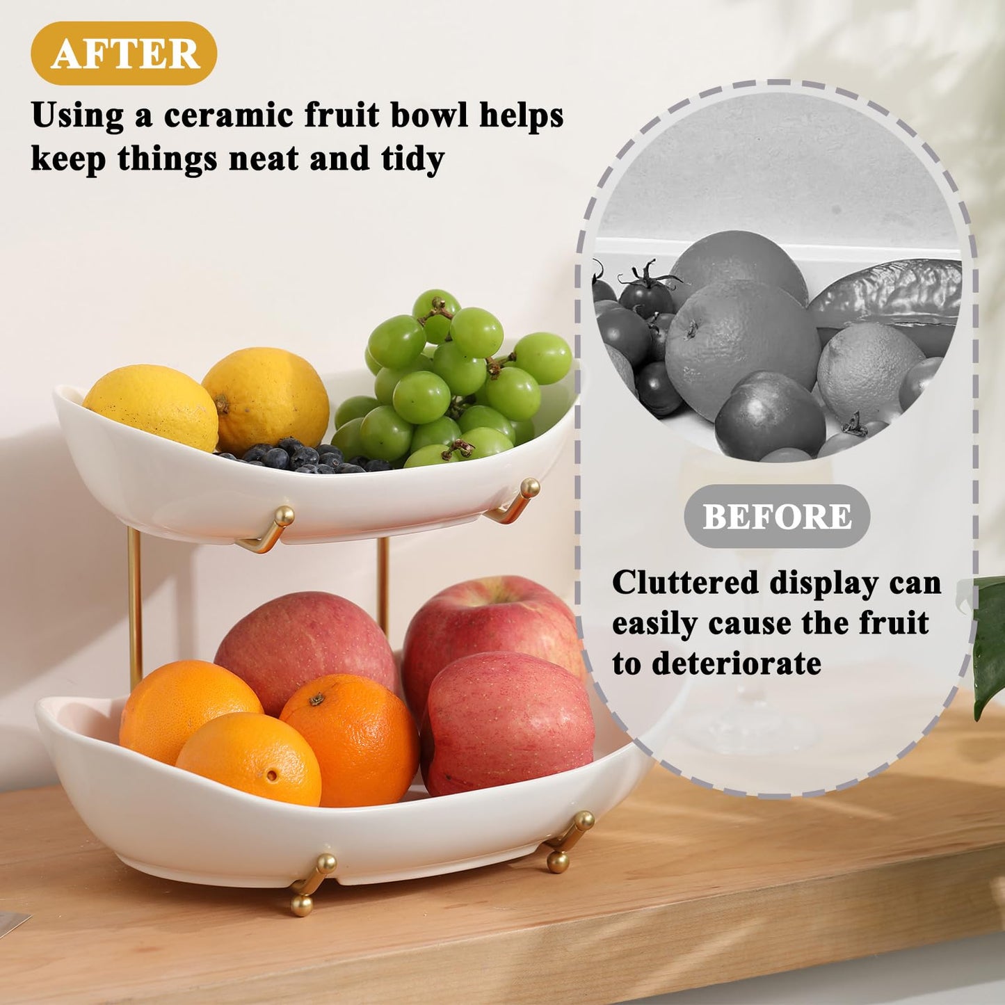 Large Size 2 Tier Ceramic Fruit Bowl,（13.4 and 11 inch Plate）More Storage Space, Golden Metal Stand for Kitchen Counter,Porcelain Fruit Basket for Countertop, Snack, Nuts, Cake, Dessert - White