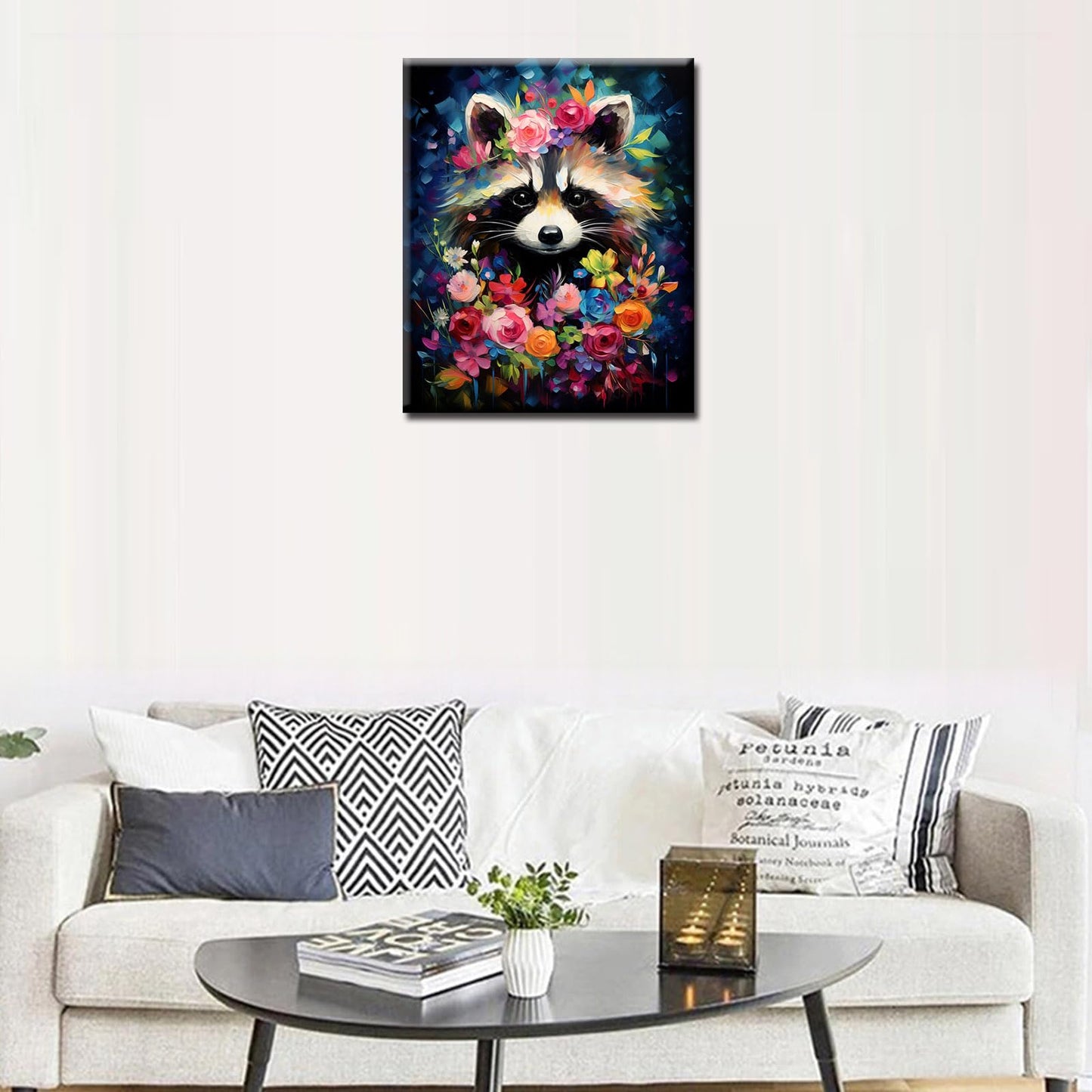 Tucocoo Raccoon Flowers Paint by Number for Adults Beginner, DIY Oil Painting Kits on Canvas with Brushes and Acrylic Pigment, Abstract Floral Cute Animal Picture for Home Decor 16x20inch (Frameless)
