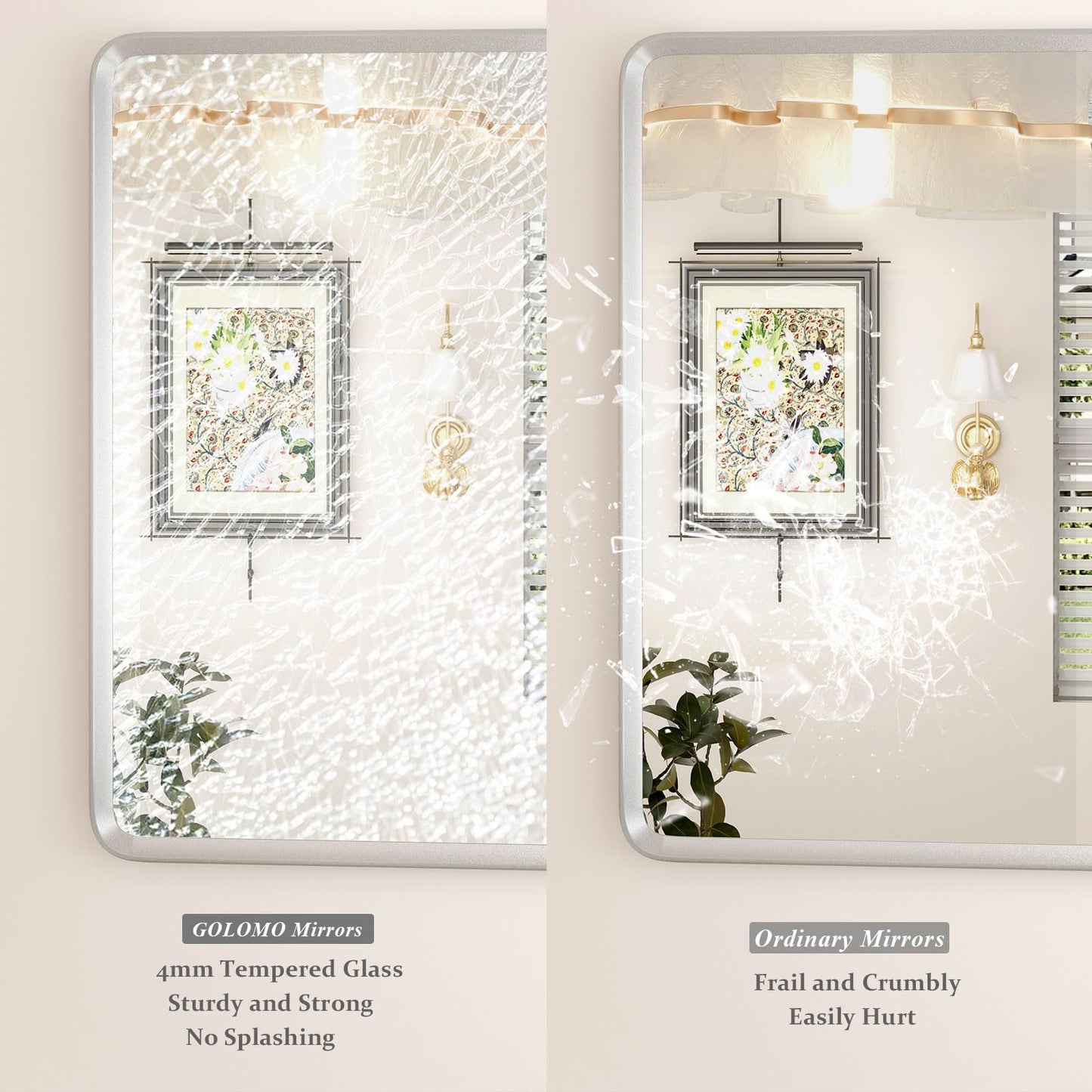 GOLOMO 55x40 Inch Silver Framed Mirror, Silver Bathroom Vanity Mirror for Wall, Brushed Nickel, Rounded Rectangle Mirror, Shatterproof, Anti-Rust (Horizontal/Vertical)