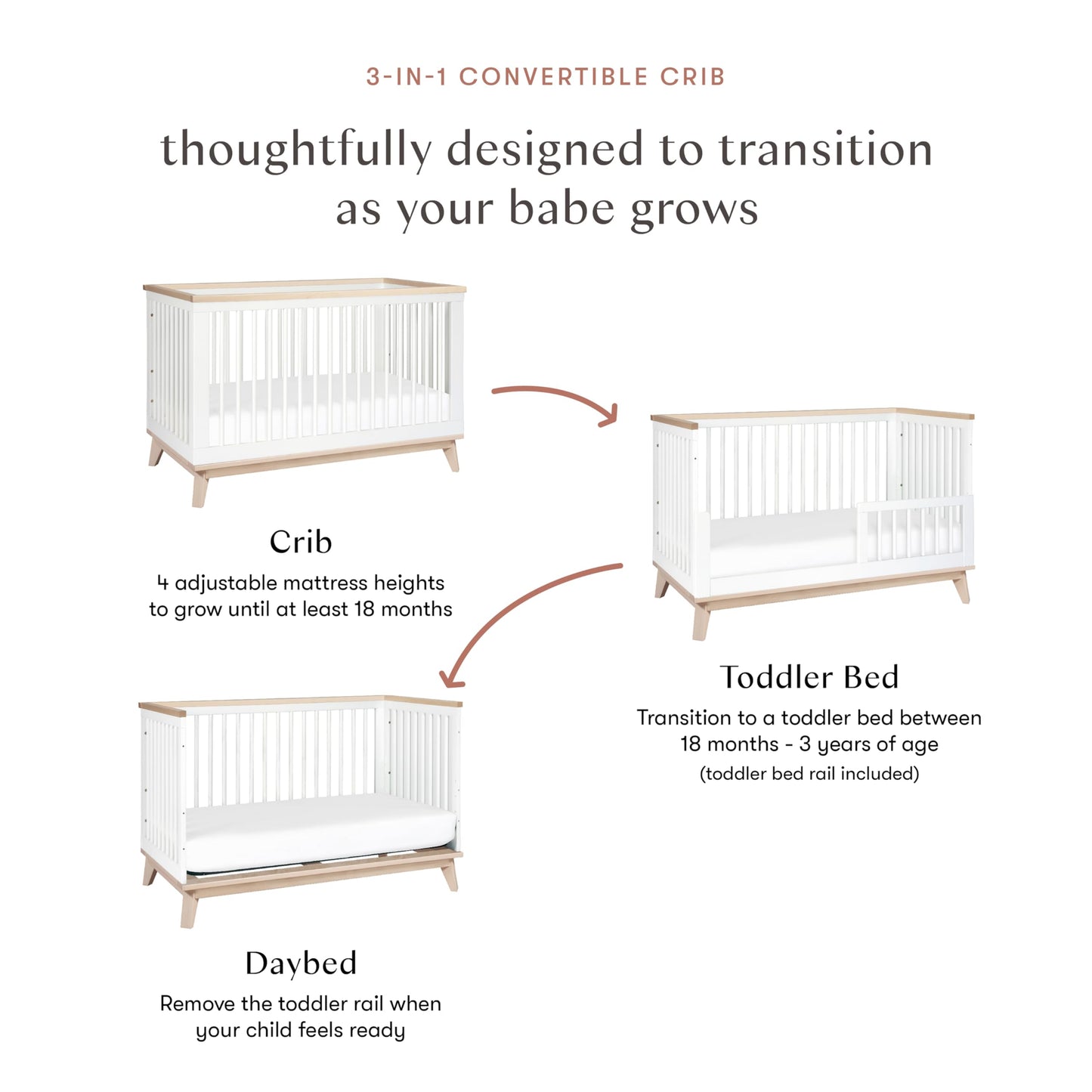 Babyletto Scoot 3-in-1 Baby Crib Convertible to Wooden Toddler Bed, Daybed - GREENGUARD Gold Certified - Easy Assembly, Made of 100% Solid Wood - Includes Toddler Conversion Kit - White/Washed Natural
