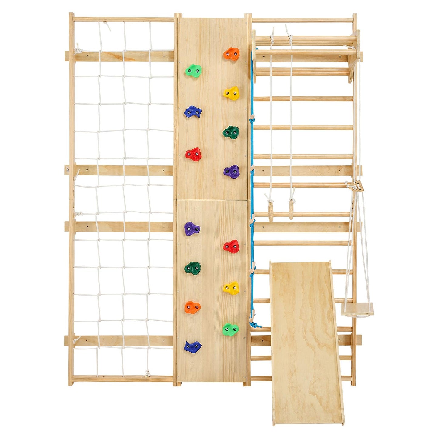 VEVOR Swedish Ladder Wall Gym, 9-in-1 12-Level Solid Wood Gymnastic Stall Bars for Kids Adults, 220LBS Indoor Jungle Gym with Rock Climbing Wall, Gym Rings, Pull-Up Bar, Climbing Board, Slide, Swing