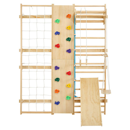 VEVOR Swedish Ladder Wall Gym, 9-in-1 12-Level Solid Wood Gymnastic Stall Bars for Kids Adults, 220LBS Indoor Jungle Gym with Rock Climbing Wall, Gym Rings, Pull-Up Bar, Climbing Board, Slide, Swing