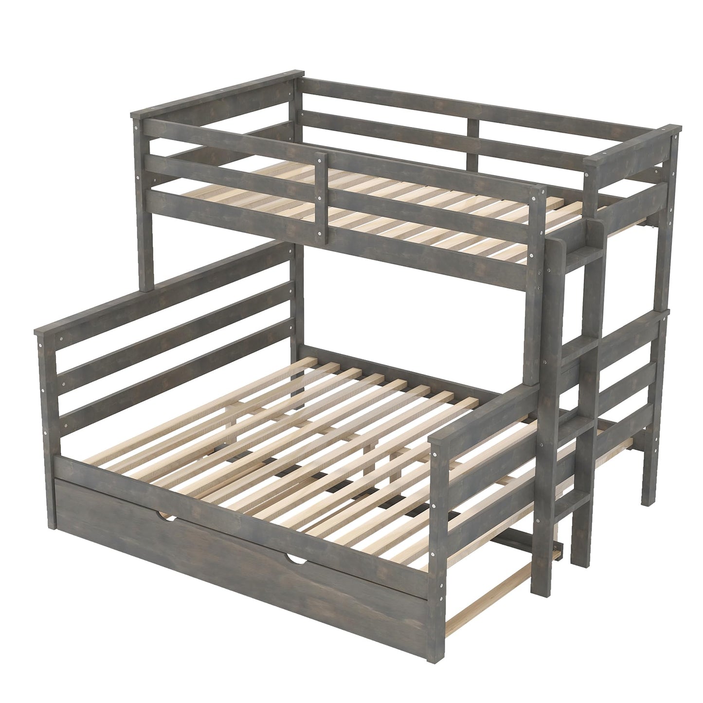 Merax Twin XL Over Queen Bunk Bed Wood Detachable Bunk Bed with Trundle & Ladder, Multifunction Bunk Bed,Can be Separated into 3 Beds, No Box Spring Needed,Space Saving,Gray