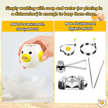 10-in-1 Egg Tool Set:1 Chalaza Remover Tongs,2 Piercers,2 Fry Rings,2 Brush Cleaners,1 Shell Opener,1 Egg Separator,1 Egg Slicer -All Essential Egg Prep Gadgets for Perfect Cooking