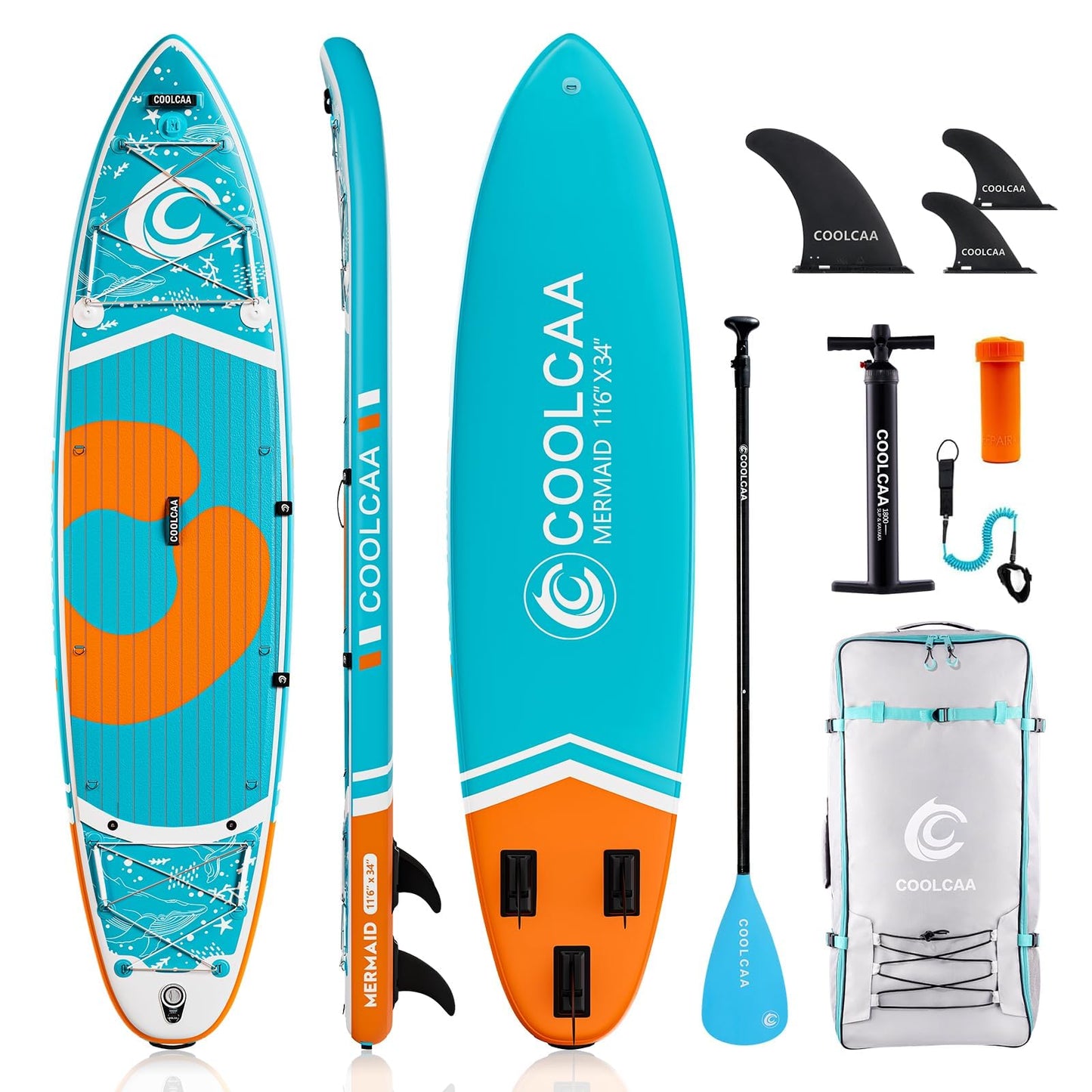 COOLCAA Mermaid 11'6" Inflatable Stand-Up Paddle Board, 460Lbs Capacity SUP Board with 34'' Extra Wide, Fishing Paddleboard with Accessories & Bag for Adults Youth (Seabed)