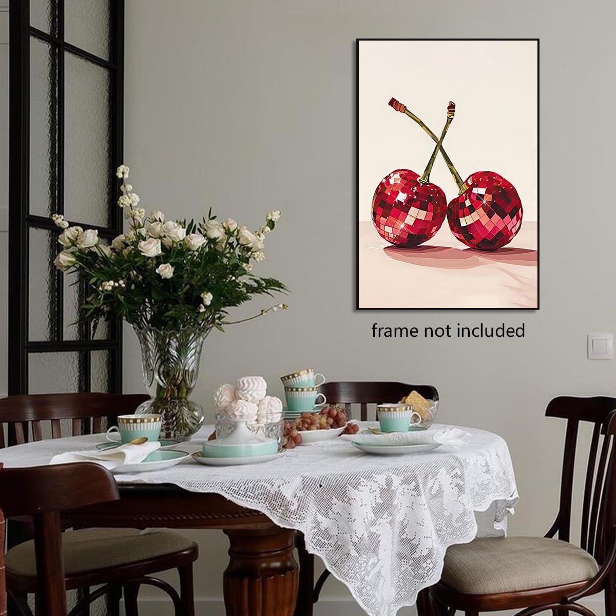 xbsifyiooa 24x36in Trendy Disco Ball Print Poster, Funky Disco Cherries Art Canvas, Pink Cherries Picture, Fruit Wall