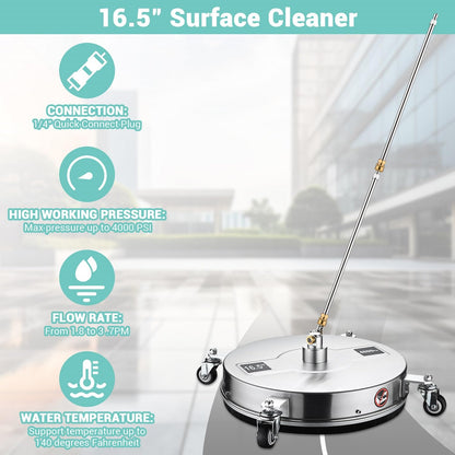 TRELVEX Pressure Washer Surface Cleaner with 4 Wheels 4000 PSI Stainless Steel Housing 1.8 to 3.7 GPM Water Flow Pressure Washer Attachment 1/4" Quick Connector for Patios, Driveways (16.5")