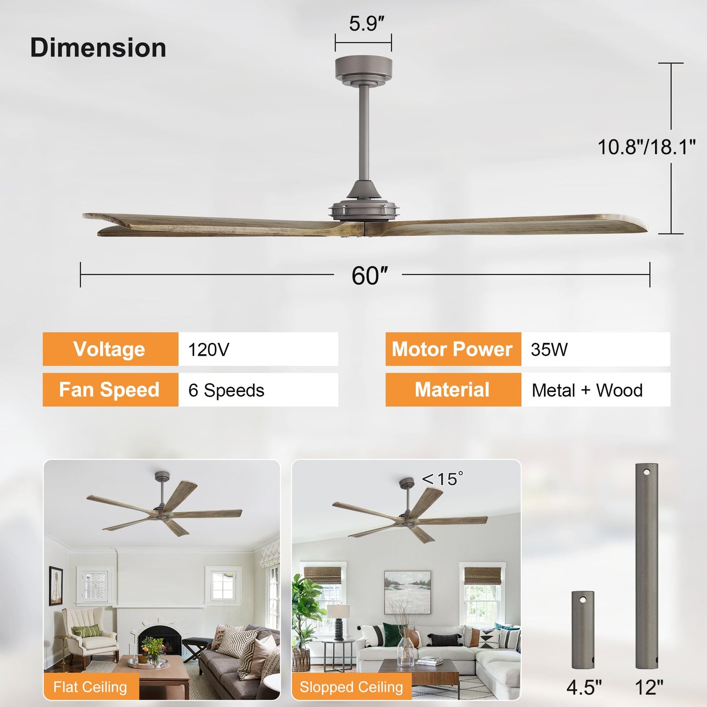 WINGBO 60 Inch Ceiling Fan without Light - 5 Carved Solid Wood Blades, 6-Speed Reversible DC Motor, Noiseless Remote Control Ceiling Fan No Light for Bedroom Living Room Kitchen, Charcoal and Gray