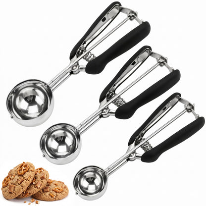 Cookie Scoop Set, 3Pcs Ice Cream Scoop, Cookie Scoops for Baking Set of 3, 18/8 Stainless Steel Cookie Scooper for Baking, Ice Cream Scooper with Trigger Release, Cookie Dough Scoop with Non-slip Grip