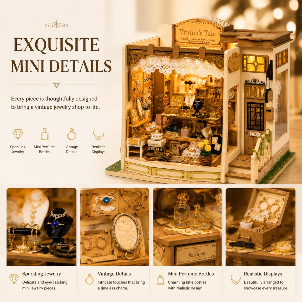 DIY Miniature House Kit, 428 PCS Jewelry Shop DIY Book Nook Kit with LED, 3D Wooden Puzzle Miniature Doll House Kit for Arts and Crafts Decor - Unique Tiny Home Kits Gifts for Women & Adults