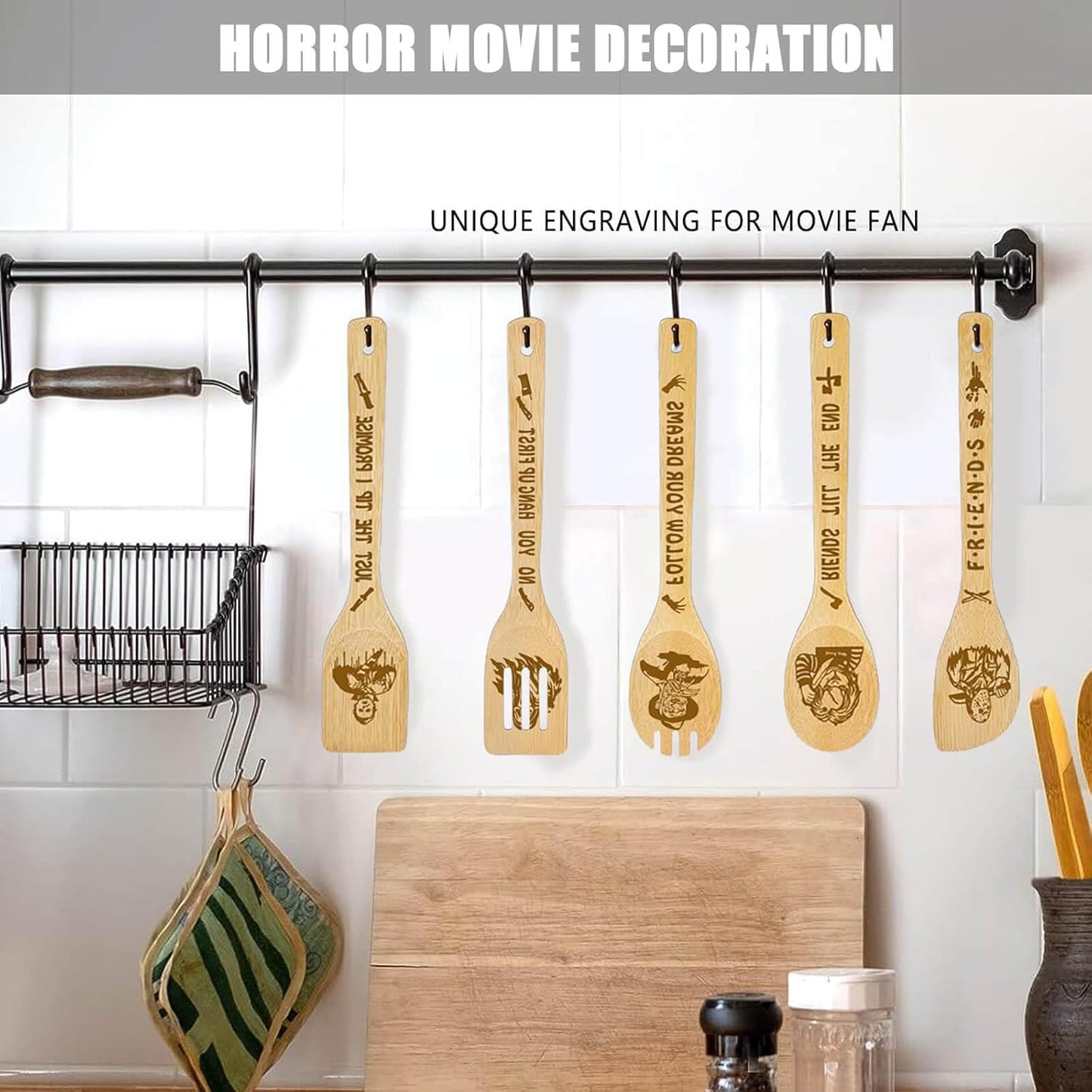 Horror Movie Merchandise Wooden Spoons for Cooking, Natural Bamboo Kitchen Utensils Set, 5 Pack