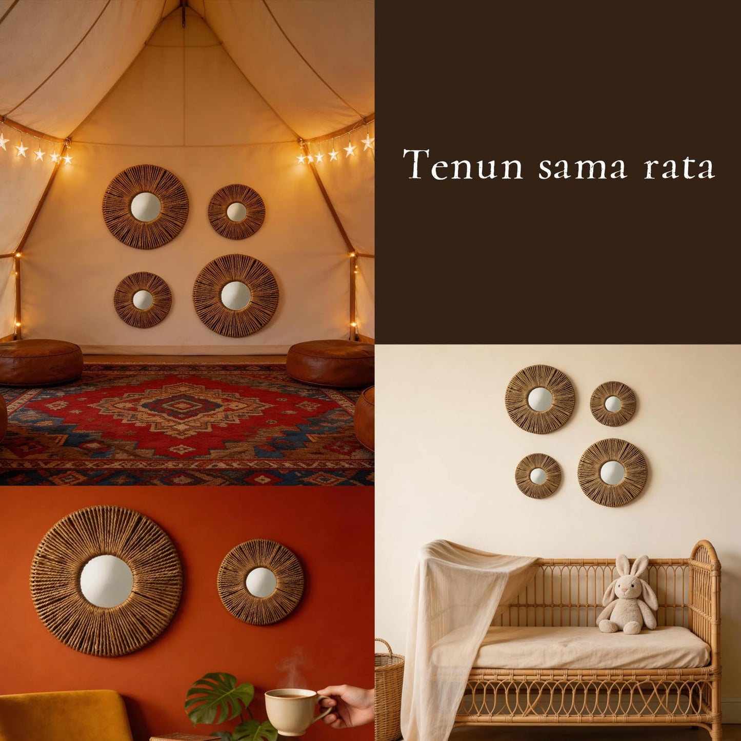 4-Piece Round Wall Decor,Woven Wall Baskets Set, Boho Hanging Baskets Wall Art, Hand Woven Wall Baskets for Living Room Bedroom, Home Decoration