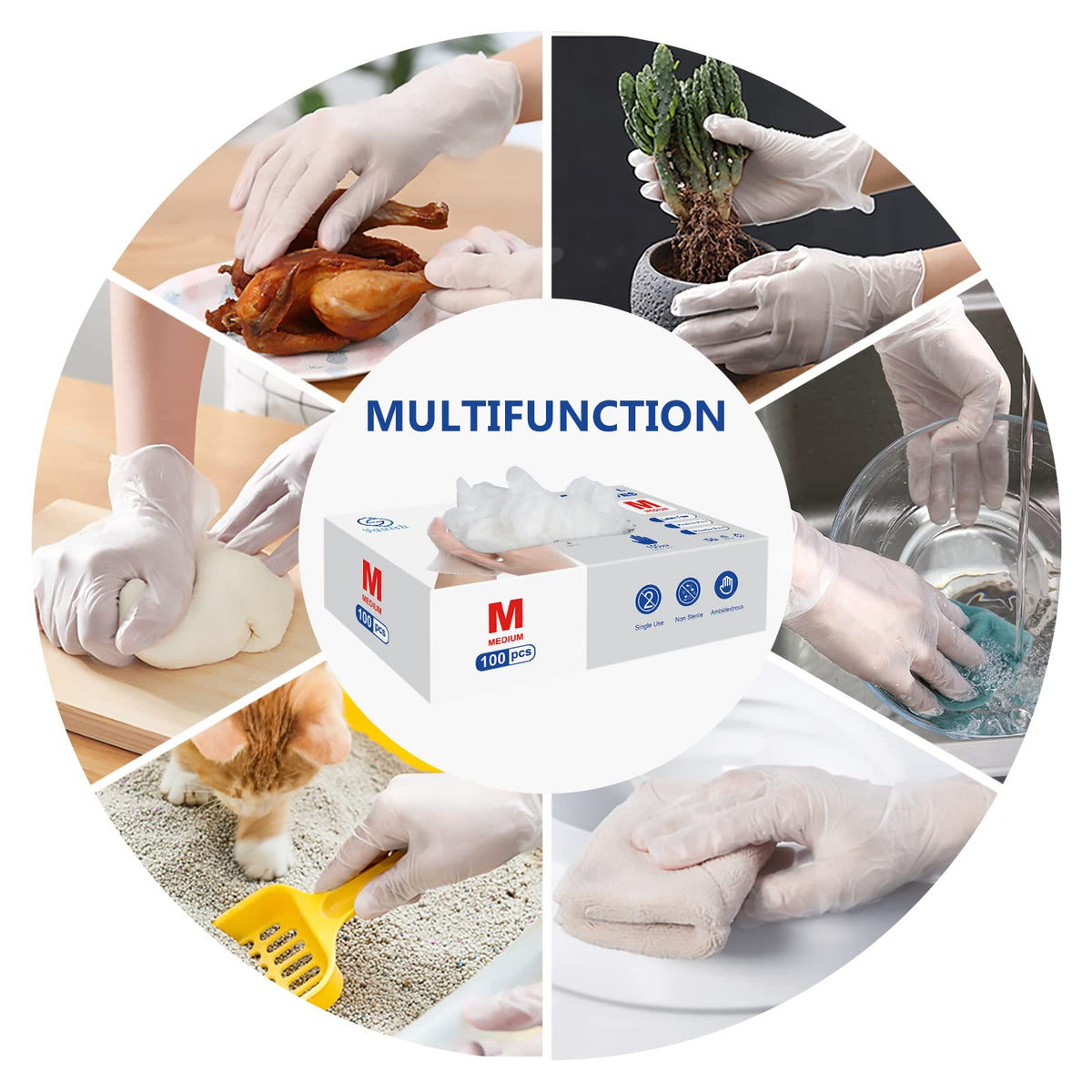 squish Disposable Gloves, 100 Count 4 mil Clear Vinyl Gloves Latex Free Powder-Free Health Glove Cleaning Rubber Glove for Kitchen Cooking Cleaning Food Handling, Medium