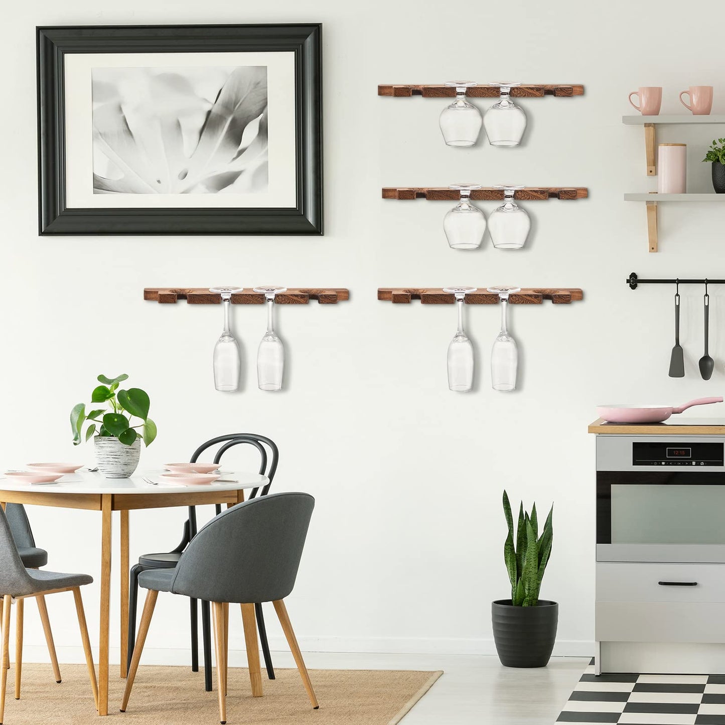 Ripeng 4 Pcs Wall Mounted Wood Stemware Rack Champagne Holder Rustic Wine Glass Hanging Shelf Wood Floating Glassware Wall Holder for Party Kitchen Bar Organizer 17 x 3 x 0. 8 Inch (Dark Brown)