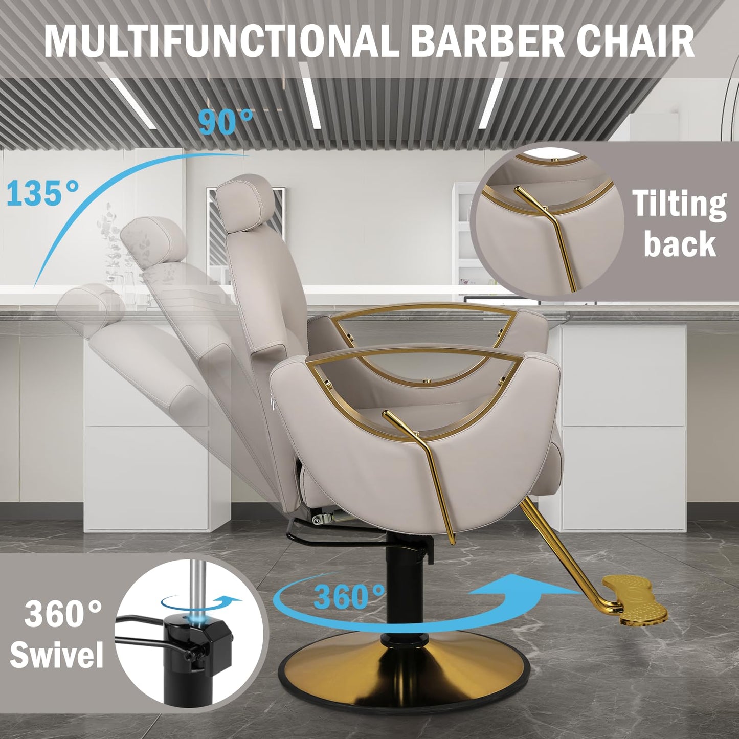 Tythical Salon Chair for Hair Stylist, Reclining Hair Barber Chair with Heavy Duty Hydraulic Pump, Up to 440 Lbs, 360 Degrees Swivel Beauty Spa Equipment for Salon Barbershop, Grey Gold