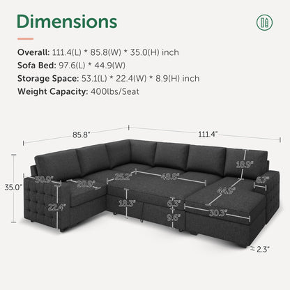 HONBAY Sectional Couch with Pull Out Bed, Sectional Sleeper Sofa with Storage, U Shape Couches for Living Room, Dark Grey