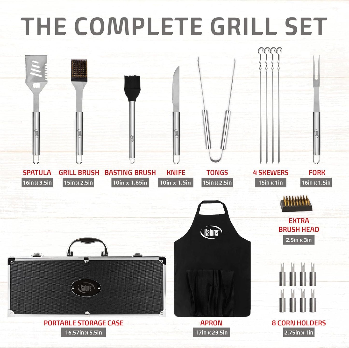 Kaluns Grilling Accessories, Dad Gifts for Fathers Day, Mothers Day Grilling Gifts, Heavy Duty Stainless Steel BBQ Tool Set for Outdoor Grill with Aluminum Case and Apron, Birthday Gifts for Men