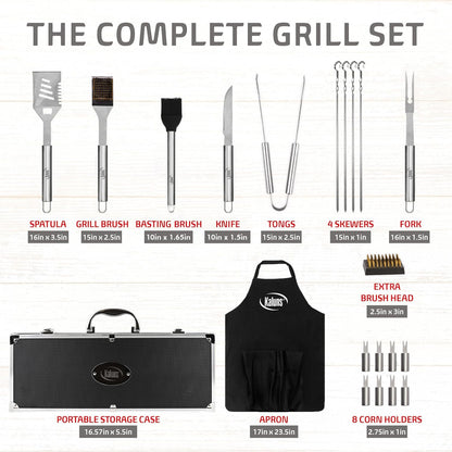 Kaluns Grilling Accessories, Dad Gifts for Fathers Day, Mothers Day Grilling Gifts, Heavy Duty Stainless Steel BBQ Tool Set for Outdoor Grill with Aluminum Case and Apron, Birthday Gifts for Men
