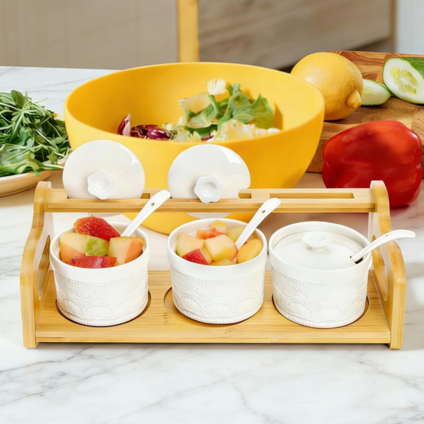 Acshio 10 Pack Sauce Serving Dish, 5 Oz Ceramic Chip Dip Sauce Bowls with Spoons Lids for Party, 3 Condiment Seasoning Jars with Bamboo Tray for Snacks, Appetizers, Sauces
