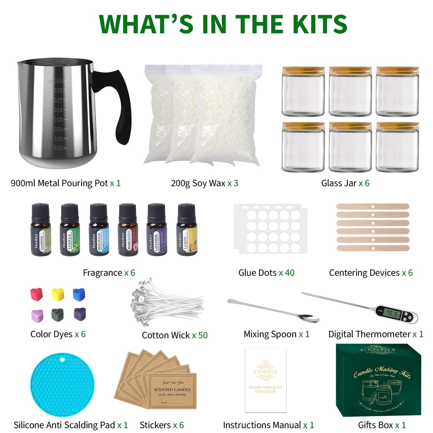 Aeraroma Candle Making Kit for Adults, Soy Candle Making Kit for Beginner - DIY Starter Candle Making Supplies with 900ml Candle Make Pouring Pot & Glass Jars, Perfect for Home Decorations