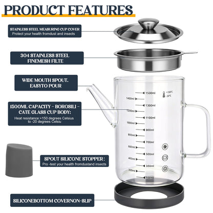 Didaey 6.25 Cups / 1.5L Glass Fat Separator Bacon Oil Container with Strainer 50 oz Separator for Kitchen Cooking Grease Strainer Frying Oil Storage Can Transparent Silicone Bottom and Stopper