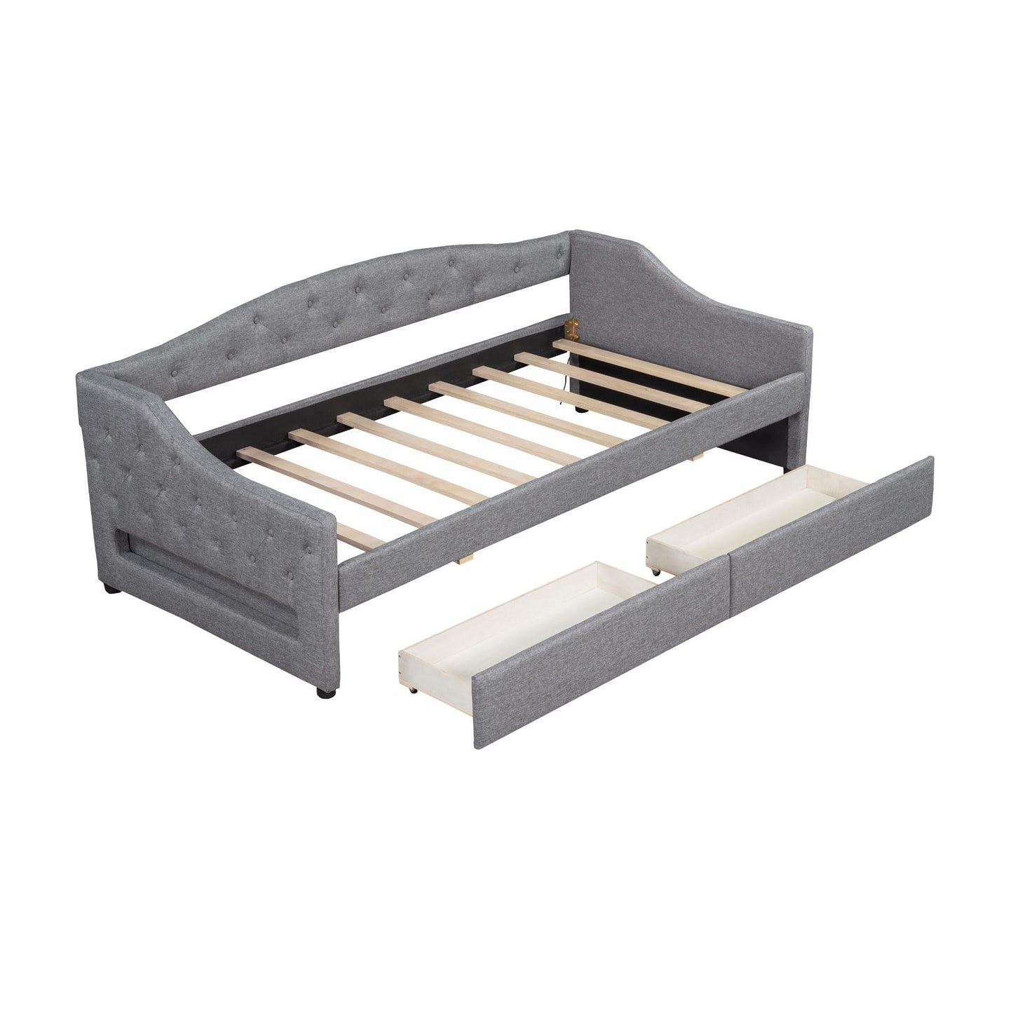 Merax Twin XL Size Modern Upholstered Platform Bed with 2 Drawers, Linen Sofa Daybed with Wood Slat Support, Storage Bed Frame, Space Saving/Gray