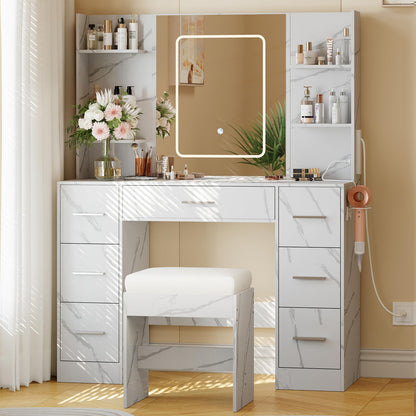 7-Drawer White Vanity Desk with Lighted Mirror & Dimmable LED Lights,Makeup Vanity Set with Power Outlets & USB Ports, 3 Color Lighting Modes, Cushioned Stool & Hair Dryer Holder, Dressing Table for