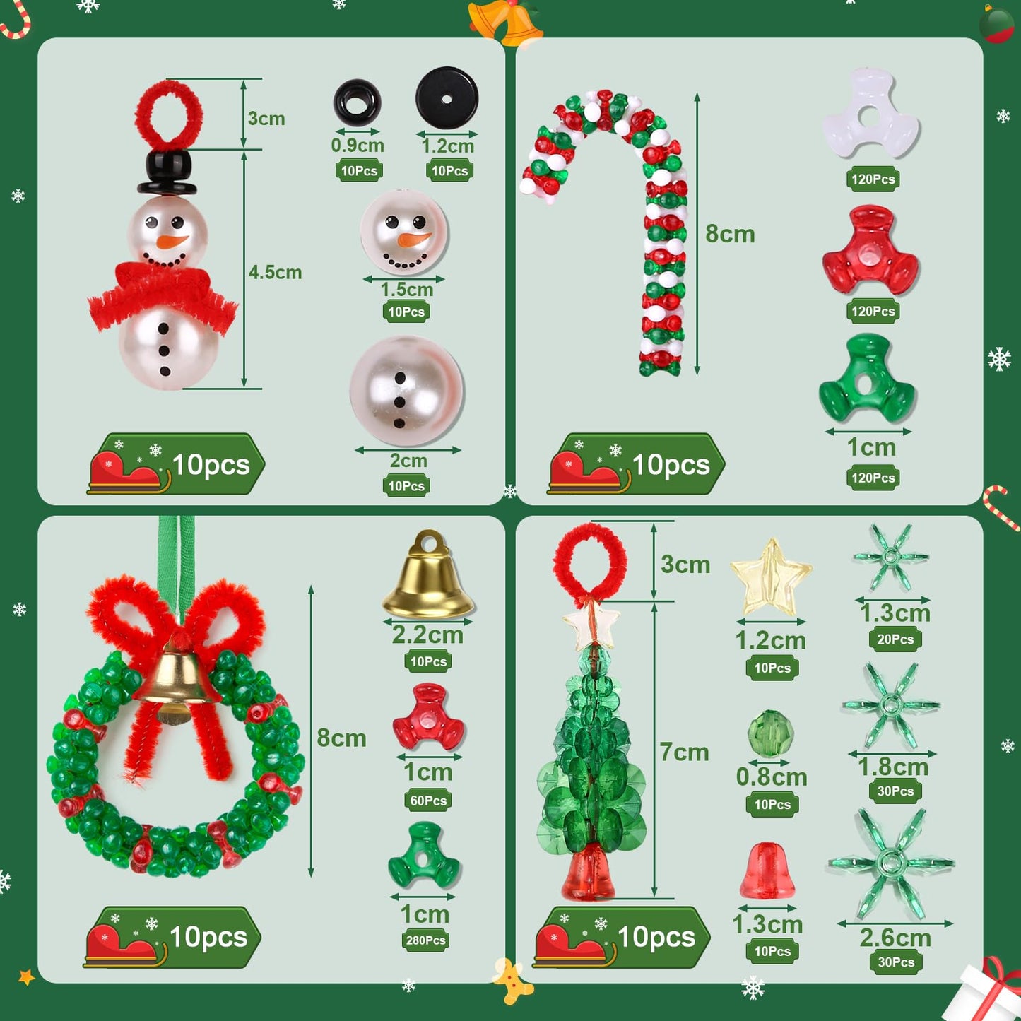 LIHAO 40PCS Christmas Crafts for Teens Boys Girls Adults, Beaded Ornament Kits to Make 10PCS Snowman/10PCS Tree/10PCS Wreath/10PCS Candy Cane Holiday Tree Decorations Craft Supplies(Assembly Needed)
