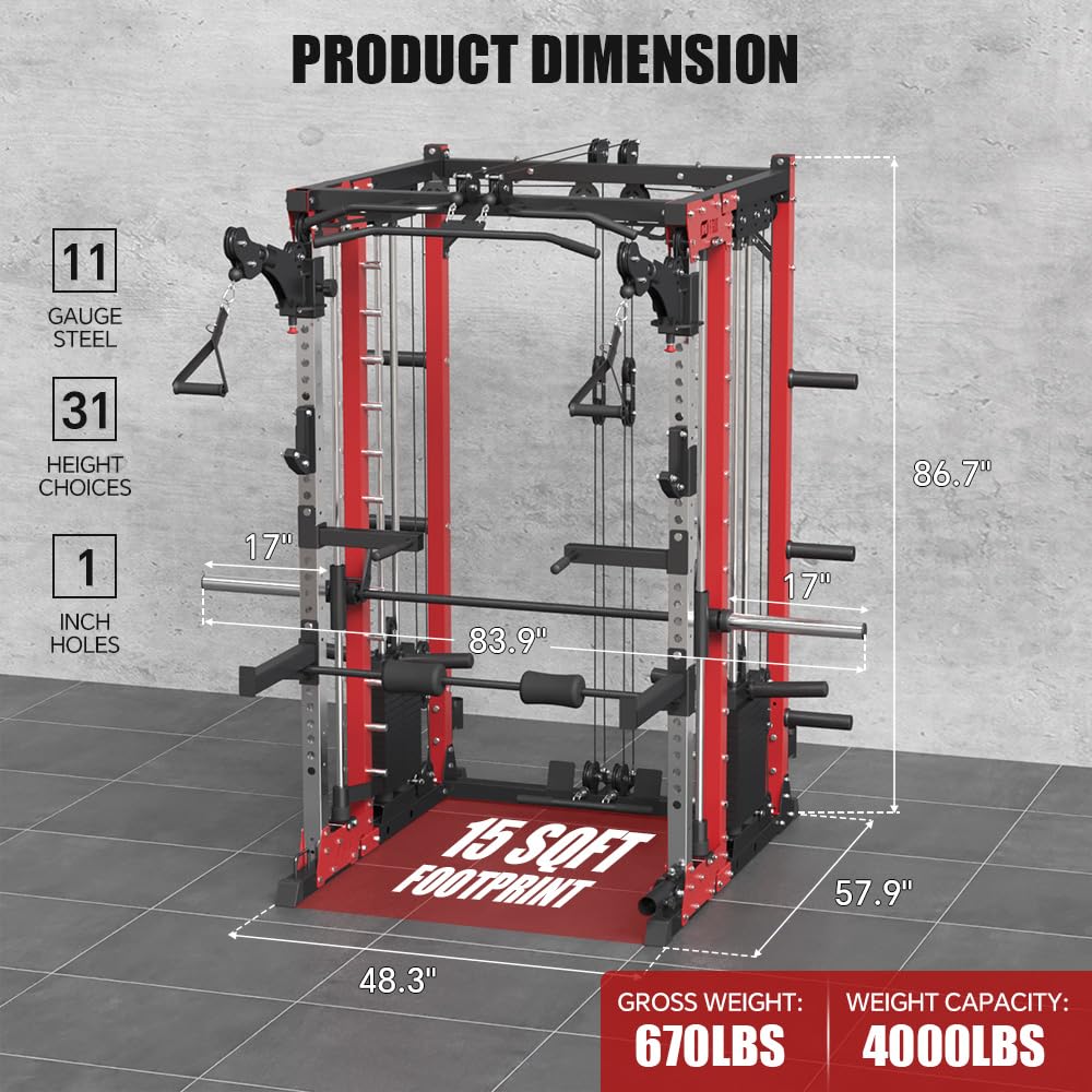 FAGUS H Commercial Smithe Machine with Weight Bench Combo,4000LBS Power Cage Squat Rack with 308lb Dual Weight Stacks,Multi-Functional Trainer Cable Crossover Machine with Lever Arm for Home Gym,Red
